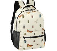 Youth Backpack Minimalist Look Peach Skin Lining Standable Design for Teens, Vibrant Butterfly Beetle Dragonfly Seamless Pattern, Colorful Summer Insect Safaris, M, Daypack