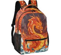 Youth Backpack Modern Style Peach Skin Lining 6 Compartments for Boys Girls, Mythical Red Fire Chinese Wyrm Ocean Fantasy Art, S, Daypack
