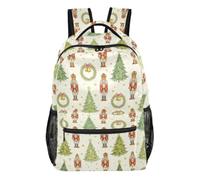 Youth Backpack Modern Style Peach Skin Lining Adjustable Shoulder Straps, Festive Nutcracker Repeat Pattern With Christmas Trees, Wreaths and Gold Stars, M, Daypack