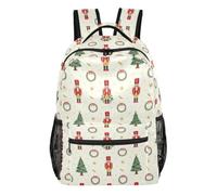 Youth Backpack Modern Style Peach Skin Lining Adjustable Shoulder Straps, Festive Nutcracker Repeat Pattern With Christmas Trees, Wreaths and Gold Stars, S, Daypack