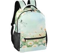 Youth Backpack Modern Style Peach Skin Lining Multi Pockets for Boys Girls, Cute Vintage Illustration Daisy Flowers Dandelion Dragonfly, M, Daypack