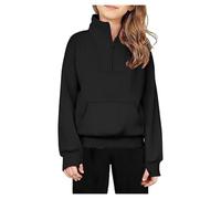 Youth Girls Half Zip Sweatshirt Long Sleeve Pullover Crop Tops Kids Solid Fleece Lined Sweatshirt with Thumb Hole Solid Color Half Zip Sweatshirt Fleece Thumbhole Sweatshirt (Black, 7-8 Years)