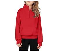 Youth Girls Half Zip Sweatshirt Long Sleeve Pullover Crop Tops Kids Solid Fleece Lined Sweatshirt with Thumb Hole Solid Color Half Zip Sweatshirt Fleece Thumbhole Sweatshirt (Red, 7-8 Years)