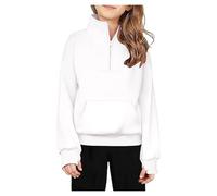 Youth Girls Half Zip Sweatshirt Long Sleeve Pullover Crop Tops Kids Solid Fleece Lined Sweatshirt with Thumb Hole Solid Color Half Zip Sweatshirt Fleece Thumbhole Sweatshirt (White, 9-10 Years)