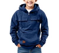 Youth Hoodie for Boys Half Zip Hooded Cargo T-shirt Sweatshirt for Outdoor Multi Pocket Pullover with Hood Teen Fall Winter Hooded Solid Color Tops (Blue, 10-11 Years)