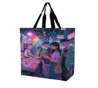 Youth in HK Night Market Grocery Bag Reusable One Shoulder Shopping Bags Portable Large Capacity Plain Bag Lightweight Purse Women Shoulder Bags for Shopping Grocery Beach