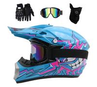 Youth Kid Motocross Helmet Set, with Goggles Gloves Mask, Dual Sport Full-Face MTB Off Road ATV Motorbike Helmet, Downhill Quad Bike Enduro Racing Dirt Bike Crash Helmet (Color : E, Size : S/52-53CM
