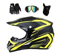Youth Kid Motocross Helmet, Unisex Full Face Off Road Street Racing MTB Motorbike Helmet, Downhill Enduro ATV BMX Dirt Bike Crash Helmet, with Goggles Gloves Mask(Yellow,M/54-55CM)