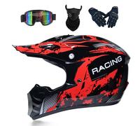 Youth Kids ATV Motocross Helmet, Motorbike Helmets Off Road Crash Helmets With UV Goggles Mask Gloves, Adult Kids Enduro Dirt Bike Off Road MTB Full Face Motorcycle Helmet,Red/B-XXL