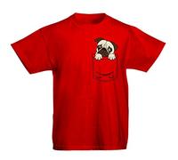 Youth Kids Childrens Dog Pug Pocket Print Puppy Cute Funny T-Shirt Red 9-11 Years (L)