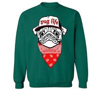 Youth Kids Childrens Pug Life Dog Puppy Bandana Hip Hop Funny Crew Neck Sweatshirt Bottle Green 9-11 Years (L)