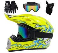 Youth & Kids Dirt Bike Helmets Motocross, Adult Motocross Dirt Bike Helmet with Goggles Gloves Mask, for Boys & Girls Ages 5-14, Four Wheeler, Motocross, DOT Approved(C yellow day,S(52-53cm))