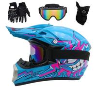 Youth & Kids Dirt Bike Helmets Motocross, Adult Motocross Dirt Bike Helmet with Goggles Gloves Mask, for Boys & Girls Ages 5-14, Four Wheeler, Motocross, DOT Approved(A blue day,XL (58-59cm))