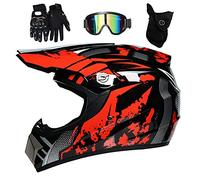 Youth Kids Motocross Helmet Set, Full-Face Off Road MX Motorbike Helmet ATV Scooter Protective Helmet, Downhill Enduro MTB BMX Dirt Bike Crash Helmet, with Goggles Gloves Mask(Red,M/54-55CM)