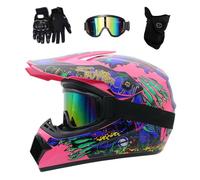 Youth Kids MTB Motocross Helmet Set, with Gloves Goggles Mask, Unisex Full Face ATV Offroad Street Motorbike Helmets, Downhill Enduro Quad Dirt Bike Crash Helmet(Pink,L/56-57CM)