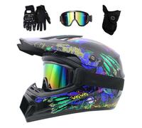 Youth Kids MTB Motocross Helmet Set, with Gloves Goggles Mask, Unisex Full Face ATV Offroad Street Motorbike Helmets, Downhill Enduro Quad Dirt Bike Crash Helmet(Bright Black,S/52-53CM)