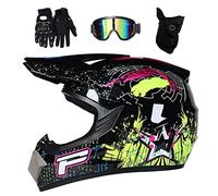 Youth Kids MTB Motocross Helmet Set, with Goggles Gloves Mask, Adult Full Face Offroad Street Enduro ATV Scooter Motorbike Helmets, Unisex Downhill Racing Dirt Bike Crash Helmet(Bright Black,S/52-53CM
