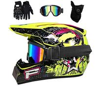 Youth Kids MTB Motocross Helmet Set, with Goggles Gloves Mask, Adult Full Face Offroad Street Enduro ATV Scooter Motorbike Helmets, Unisex Downhill Racing Dirt Bike Crash Helmet(Yellow,M/54-55CM)