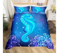 Youth Seahorse Print Duvet Cover Kids Ocean Creature Themed Comforter Cover for Boys Girls Marine Sealife Bedding Set Teens Sea Underwater World Blue Hippocampus Decor Junior/Cot Bed Size