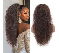 Youthfee 27” Drawstring Ponytail Deep Curly Heat Resistant Human Hair Blended Instant Clip Ponytail Extension Protective Style Afro Kinky Curly Hair Pieces for Women