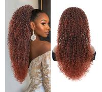 Youthfee Drawstring Ponytail for Women Deep Curly Ponytail Extension Synthetic Mixed with Human Hair Ponytails Orange Mixed with Black Afro Kinky Curly Pony for Daily wear,27 Inches