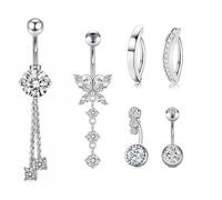 YouthLoxus 6 Pack Titanium Belly Bars, Belly Button Ring, Silver Belly Bars Surgical Steel Belly Button Ring Set, Belly Button Piercing Heart Butterfly Teardrop Dangle