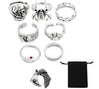 YouthLoxus 8 Pieces Goth Mens Rings Set | Gothic Rings Set Containing Skeletons, Spiders, Snakes, Bats | Open Adjustable Gothic Rings for Men, Suitable for Men and Women to Wear in Any Place