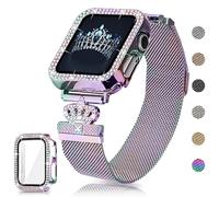 YouthRun Magnetic Band Compatible with Apple Watch 38mm 40mm 41mm 42mm 44mm 45mm 46mm Stainless Steel Metal Strap with Bling Case and Screen Protector, Dressy Milanese iWatch Bands for Women (45MM