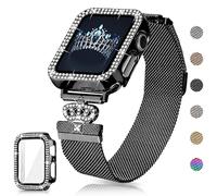 YouthRun Magnetic Band Compatible with Apple Watch 38mm 40mm 41mm 42mm 44mm 45mm 46mm Stainless Steel Metal Strap with Bling Case and Screen Protector, Dressy Milanese iWatch Bands for Women (44MM