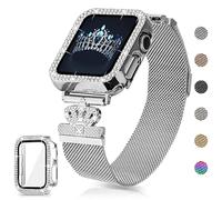 YouthRun Magnetic Band Compatible with Apple Watch 38mm 40mm 41mm 42mm 44mm 45mm 46mm Stainless Steel Metal Strap with Bling Case and Screen Protector, Dressy Milanese iWatch Bands for Women (45MM