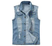 YOUTHUP Mens Ripped Denim Gilet Casual Vintage Biker Waistcoat Cowboy Sleeveless Vest Jacket, #2207 Blue, S