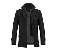 YOUTHUP Mens Winter Wool Coat Hip-Length Thick Trench Coats Padded Warm Peacoat Casual Outwear, Black, XL