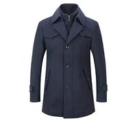 YOUTHUP Mens Wool Trench Coat Winter Thick Peacoat Business Military Coat with Removable Inner Collar, Navy Blue, S
