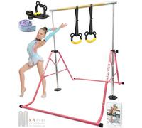 YOUTIFUN Fiberglass Gymnastics Bar, Kids Gym Equipment 5 Level Height Adjustable Pull Up Horizontal Gymnastic Bar, Gymnastics Equipment for Home for Girls & Boys, 3 to 12 years old (Pink Fiberglass)