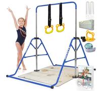 YOUTIFUN Gymnastics Bar, Kids Gym Equipment 5 Level Height Adjustable Pull Up Horizontal Gymnastic Bar, Gymnastics Equipment for Home for Girls & Boys, 3 to 12 years old (Blue W/Mat)