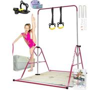 YOUTIFUN Gymnastics Bar, Kids Gym Equipment 5 Level Height Adjustable Pull Up Horizontal Gymnastic Bar, Gymnastics Equipment for Home for Girls & Boys, 3 to 12 years old (Pink W/Mat)