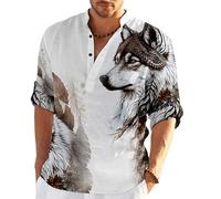 YouTownEU Men's Casual Stand Collar Shirt Vintage Wolf Graphic Button Down Long Sleeve Shirts Fashion Regular Fit T Shirt Tops Outdoor Street Blouse Henley Shirt