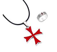 YouU 2 Pcs Masonic Knights Templar Crusader Red Cross Stainless Steel Pendant Necklace and Ring for Men