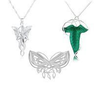 YouU 3 pcs Arvven Evening Jewelry Set Elf Pendant Chain Necklaces Elven Green Leaf Brooch Pin Pendant Necklace L. of the Rings Butterfly Brooch