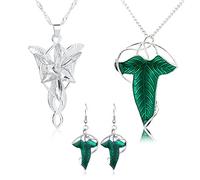 YouU 3 pcs Cosplay Elven Green Leaf Brooch Pin Pendant Necklace Elf Earrings Set Arvven Evening Necklace for Women Halloween Cosplay Costume Party