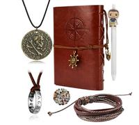 YouU 30 pcs Uncharted 4 Jewelry Set Drake Engraved Skull Bronze COIN Necklace Ring Necklace Handmade Leather Bracelet Leather Writing Journal Notebook with Pen Movie Stickers