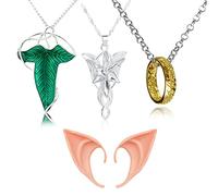 YouU 4 pcs Cosplay Arvven Star Necklace Ring Pendant Chain Elven Green Leaf Brooch Pin Pendant Elf Ears Jewlry Set