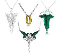 YouU 4 pcs Cosplay Elf Arvven Star Jewelry Ring Pendant Chain Necklace Elven Green Leaf Brooch Pin Necklace for Women Halloween Cosplay Costume Party