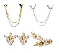 YouU 4 Pcs Deer Head Double Link Chains, Gold Stud, Retro Hollow Pattern and Angle Triangle Tassels Collar Pins Brooch Clip Pin Brooches Shirt Collar Decoration Parts with Transparent Box