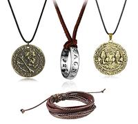 YouU 4 pcs Drake Ring Necklace Antique Brass Plated Alloy Drake Ancient Coins Pendant Necklace Unisex Multilayer Leather Adjustable Bracelet Cuff Wrap Multicolor Rope Wristband