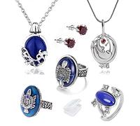 YouU Vampire Diaries Jewelry Set - 6pcs Blue, Red & Transparent Diamond Stud Earrings, Necklaces & Rings - Women's, Girls' Gothic-Modern Vampire-Inspired Accessories