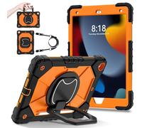 YOUULAR Tablet Case for Apple iPad 10.2 2019/2020/2021 7th/8th/9th Generation, Heavy Duty Shockproof Protective Cover with Kickstand, Handle, Shoulder Strap for Kids Women Man Black Orange