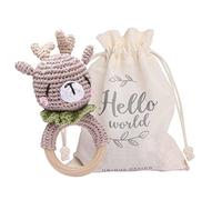 Youuys Baby Rattle - Wooden Crochet Animals Grasping Toy with Sound - Handmade Rattle for Newborn Gift for Boy and Girl (Elk)