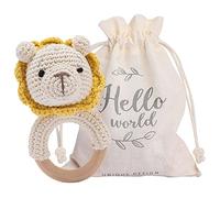 Youuys Wooden Baby Rattle Shaker Lovely Crochet Lion Ring Infant Developmental Hand Grip Baby Toys, Cute Crochet Animal with Sound for 3 6 9 12 Months and Newborn Gift, Yellow Lion, One-size
