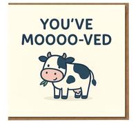 You've Moooo-ved New Home Card - Funny Cow Pun Moving House Congratulations - Cute Animal Leaving Card for Friend, Colleague or Neighbour - Blank Inside